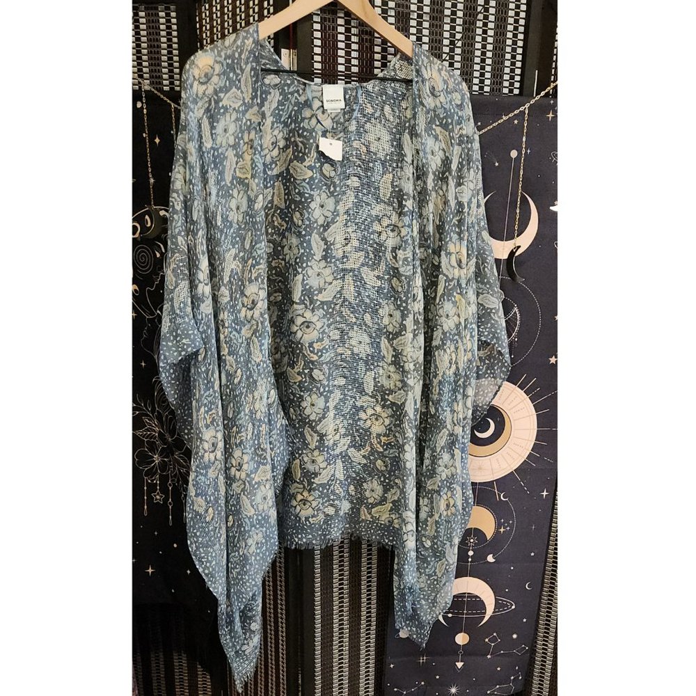 Light Blue Floral Kimono with Unfinished Edges
